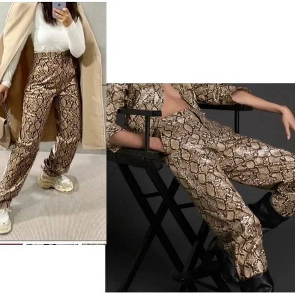Zara Snake Print Faux Leather Pants Sand Brown High Waist Sz S